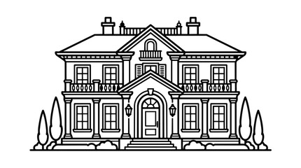 Naklejka premium Detailed line drawing of a large villa exterior with symmetrical design and ornate features