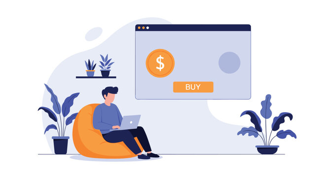 Young consumer shopping online on laptop while sitting in comfortable beanbag chair at home.