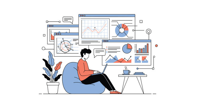 Data scientist analyzing business performance charts on laptop in comfortable home workspace.