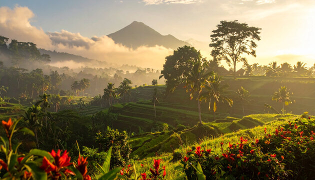 Scenic mountain landscape with rice terraces and morning sunlight