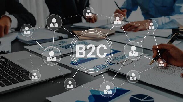 A visual representation of the business to consumer model, showcasing teamwork and digital marketing strategies using data analysis in a modern office setting. Raster