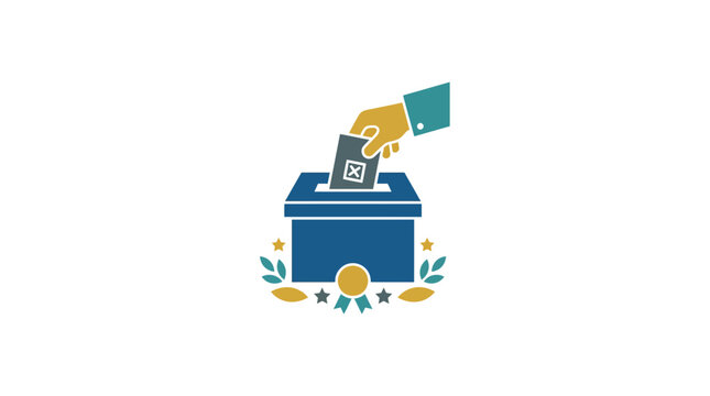 Hand casting vote into ballot box with election symbols and stars