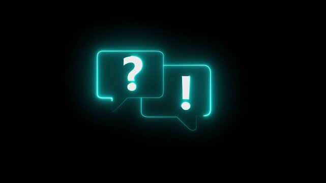 Two neon glowing white speech bubbles one with a question mark the other with an exclamation mark.motion graphic of question mark and exclamation mark concept. 4k motion video