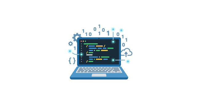 Laptop displaying code, binary data, cloud and gears, digital technology concept
