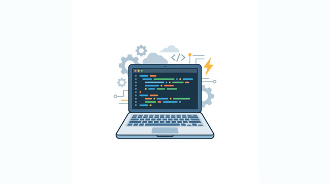 Laptop with code on screen, gears, clouds, lightning bolt: coding concept