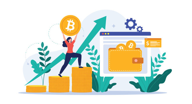 Successful businesswoman holding a giant bitcoin and climbing coin charts towards digital crypto wallet.