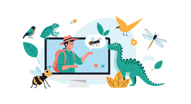 Interactive online nature and biology lesson for children featuring colorful wild animals and dinosaurs.