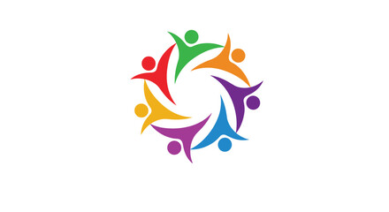 Obraz premium Colorful abstract emblem of six stylised human figures holding hands in a circle to symbolise unity and teamwork.