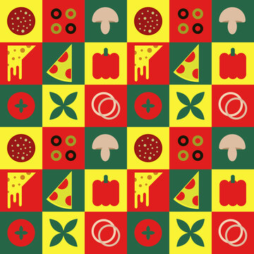 Pizza elements. Seamless pattern in Bauhaus style. Background. Vector illustration.
