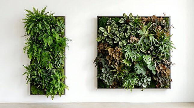 Set of Two Lush Green Vertical Garden Wall Panels with Mixed Tropical Foliage Isolated on White Background