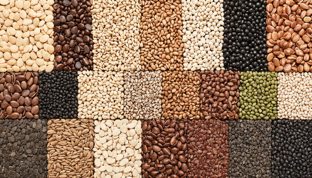 Close up top view of assorted raw grains legumes and dry beans arranged in square blocks with nutrition