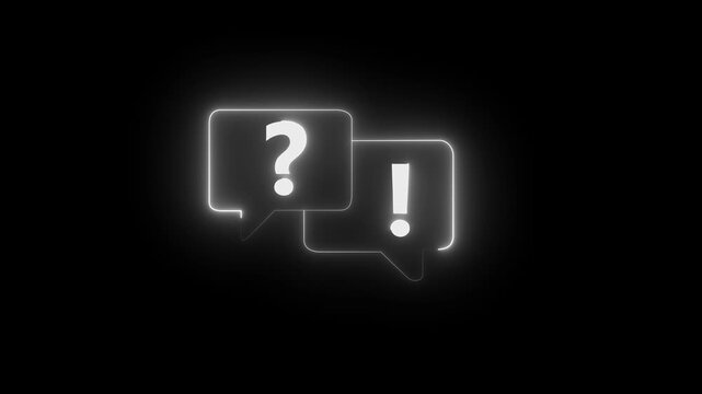 Two neon glowing white speech bubbles one with a question mark the other with an exclamation mark.motion graphic of question mark and exclamation mark concept. 4k motion video