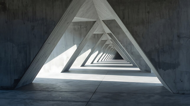 This is a 3D rendering of a modern concrete industrial corridor featuring a triangular tunnel design