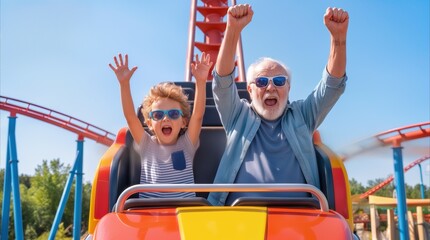 Obraz premium Cheerful senior man and young boy screaming with joy on roller coaster at amusement park. Multi-generational family bonding during summer vacation.