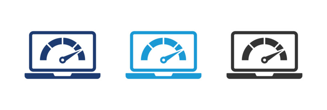 Laptop speed test and performance optimization icons set in diff