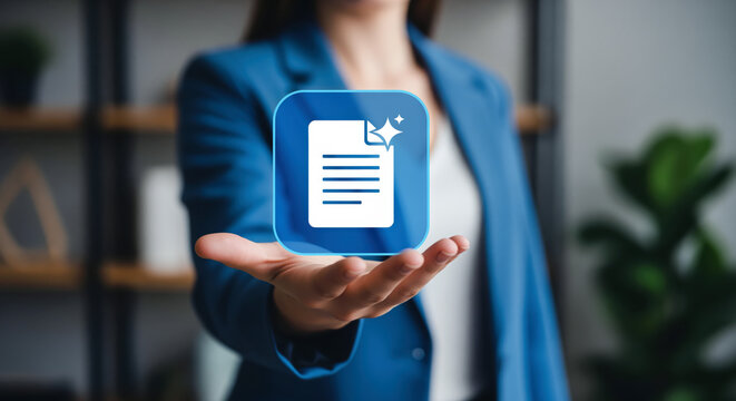 AI document generation automation software icon presented by manager for artificial intelligence text enhancement, smart contract editing or corporate legal file processing services