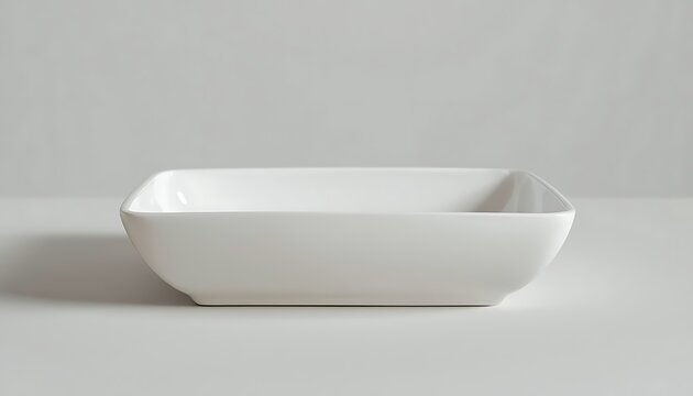 A pristine white rectangular ceramic bowl with a subtle sheen, sitting on a neutral background, its glossy finish reflecting soft light, the bowl's edges are smooth and well-defined, with a slight cur