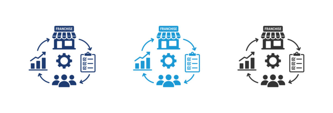 Business operations and franchise management icon set showing wo