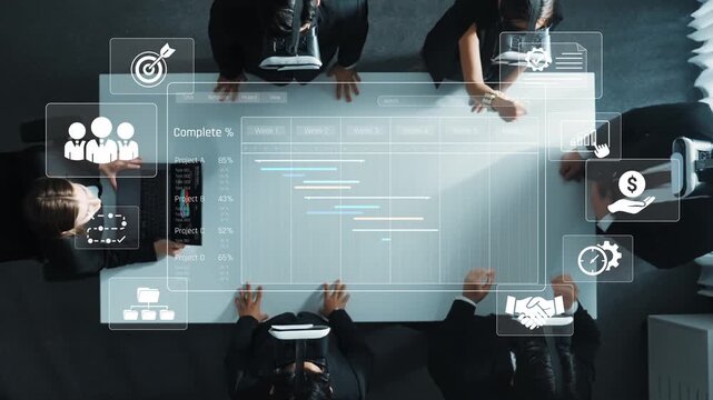 A modern business meeting scene featuring professionals using virtual reality technology. The display shows project progress, analytics, and data interpretation in a collaborative atmosphere. Raster