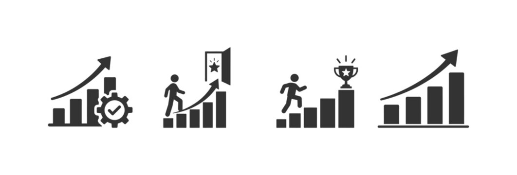 Business growth and career success icon set showing progress ach