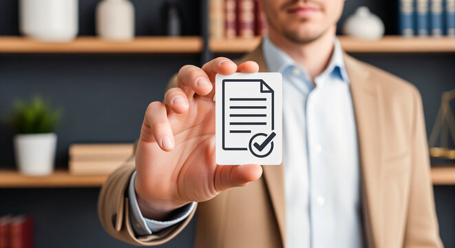 Signed form clearance for compliance intake, representative shows approved file badge for legal record release, permit confirmation and regulated service review before secure archive handoff