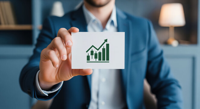 Stock market investment growth strategy demonstration holding blank paper card with rising candlestick chart icon for financial return planning and capital wealth asset management program