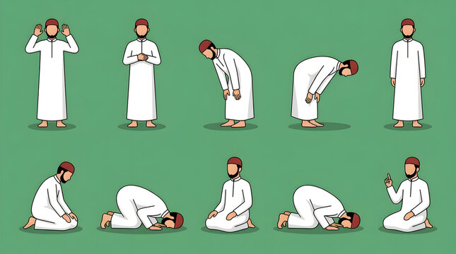 Muslim man performing Islamic prayer salat steps on green background illustration
