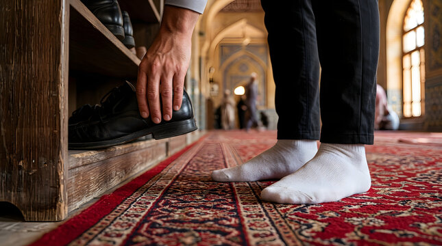 Man removing shoes before entering mosque interior with red carpet and arches. Generative AI image