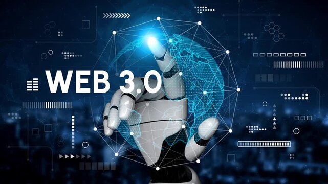 Futuristic Robot Hand Interacting with Digital Globe and Web 3.0 Concept in High-Tech Background of Data Connections and Networks. Entropy.