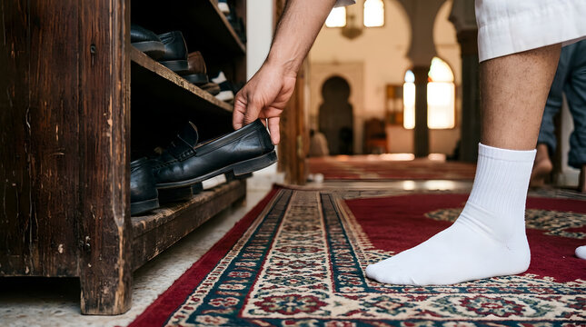 Man removing shoes before entering mosque carpeted prayer hall worship tradition. Generative AI image