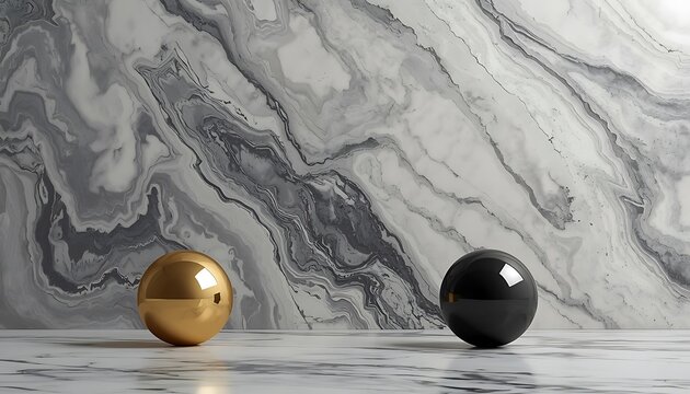 Abstract background of swirling marble patterns in shades of gray and white, with golden and black 3D balls prominently displayed in the foreground, the gold having a warm shiny metallic finish and th