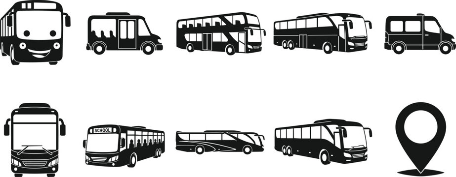 Set of Bus and Transportation Silhouettes Featuring City Coach Double Decker Tourist Bus and Location Pin Icons for Urban Travel Logistics and Public Transit Graphic Designs