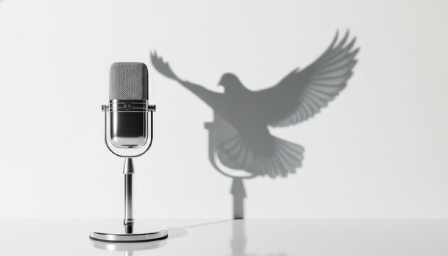Vintage microphone casting shadow of flying bird for freedom of speech concept art.