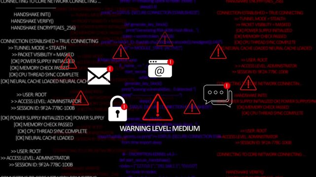 Error message on black background with red alert box warning red box. 4K Digital Alert Interface Motion Video