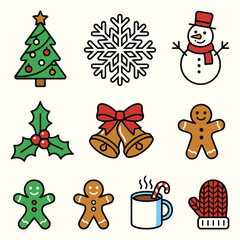 Fototapeta premium Christmas icons including tree, snowflake, snowman, holly, bells, gingerbread men, mug, and mittens