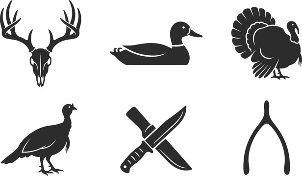 Hunting icons set deer duck turkey and tools