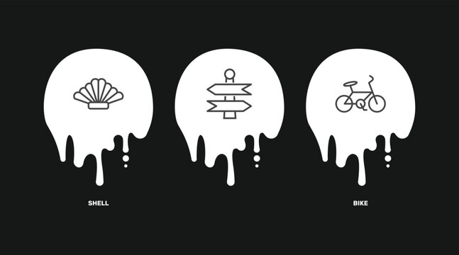 travel and trip icon set with shell, , bike signs in flat outline style