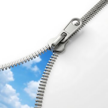 A creative conceptual image featuring a metallic zipper being pulled open to reveal a beautiful sunny blue sky with soft white clouds, symbolizing hidden potential.