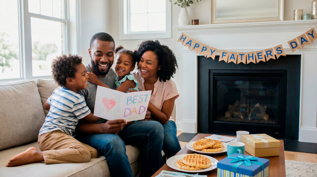 Happy Fathers Day Family Celebration with Gifts and Waffles