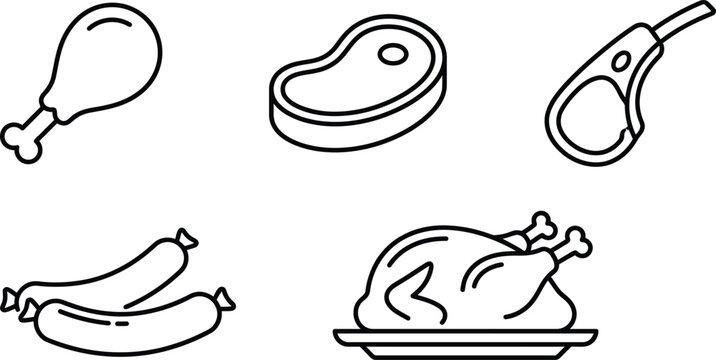 Meat and poultry line icons set black and white