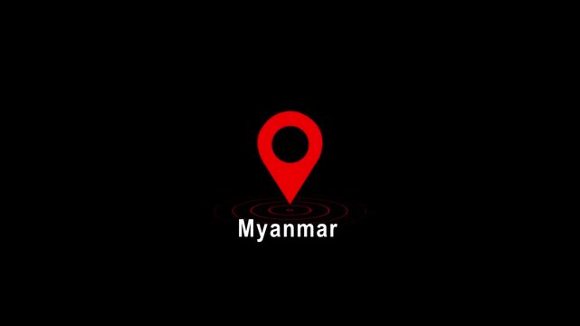 Red location pin icon with Myanmar text on black background image photo 4k video...