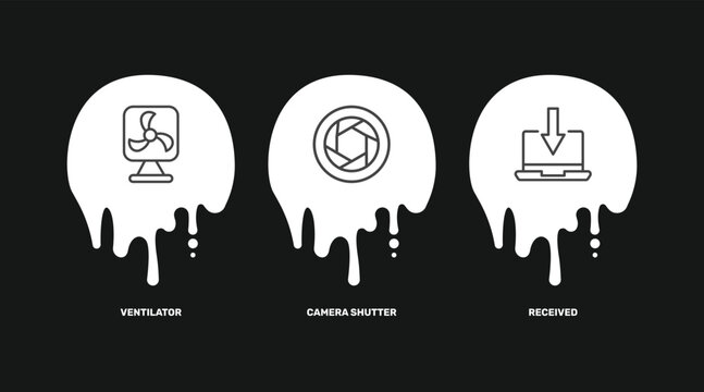 technology icon set with ventilator, camera shutter, received signs in flat outline style