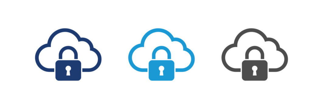A set of three cloud security icons featuring a padlock symbol in different colors representing secure cloud storage and data protection