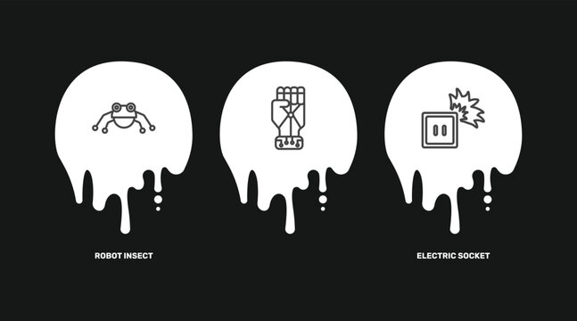 technology icon set with robot insect, , electric socket on fire signs in flat outline style