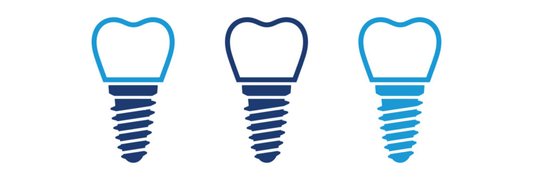 A set of three dental implant vector icons with crowns and screw threads in shades of blue isolated on a white background