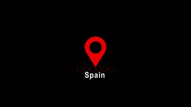 Red location pin icon with Spain text on black background image photo 4k video...