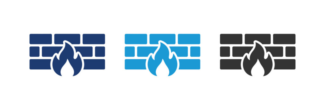 A set of three firewall vector icons showing a brick wall and flame symbol for internet security and network protection concepts