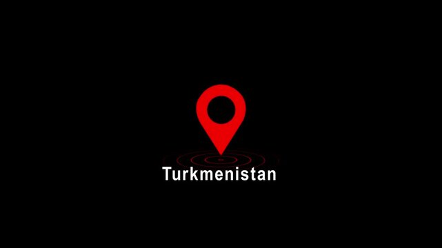 Red location pin icon with Turkmenistan text on black background image photo 4k video...