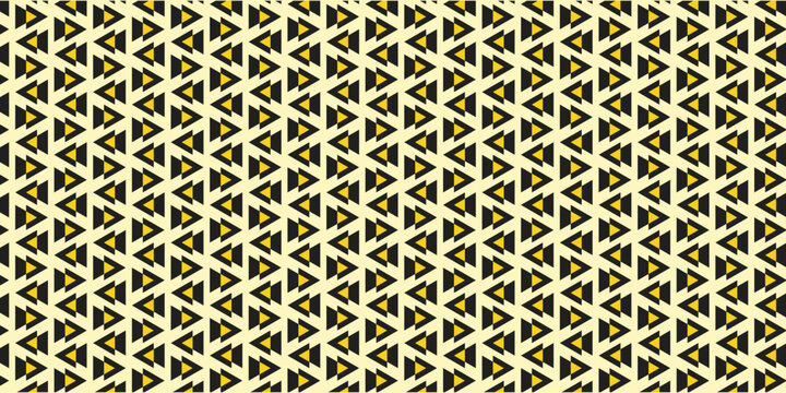 Seamless triangle geometric pattern background featuring bold black and yellow repeating shapes. Modern abstract design creates a striking optical texture with rhythmic symmetry. Perfect for fabric pr