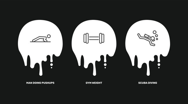 sport and games icon set with man doing pushups, gym weight, scuba diving signs in flat outline style